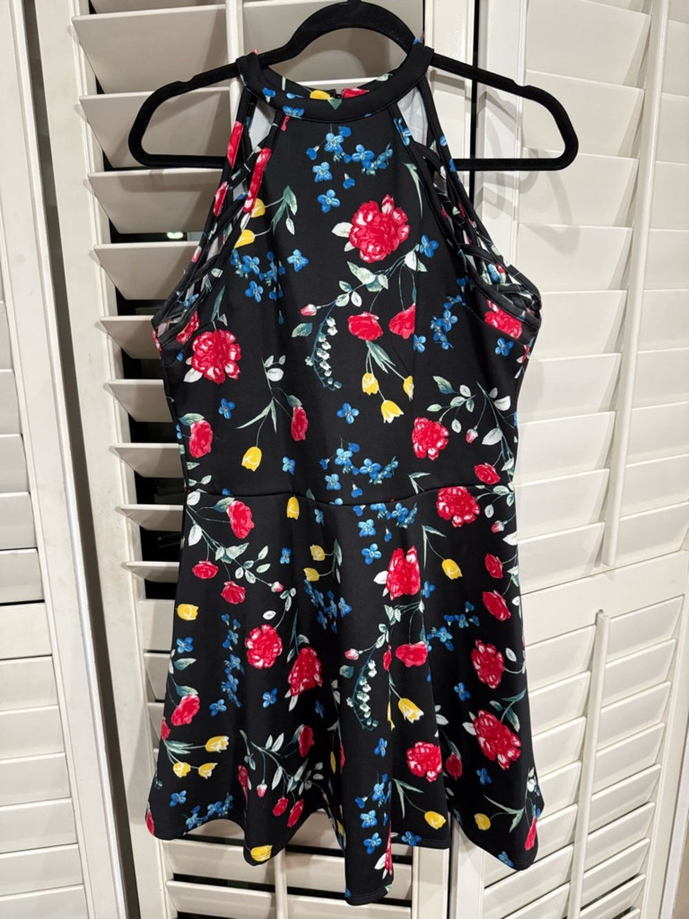 No Boundaries Black Floral Halter Mini Dress - Red, Blue, Yellow